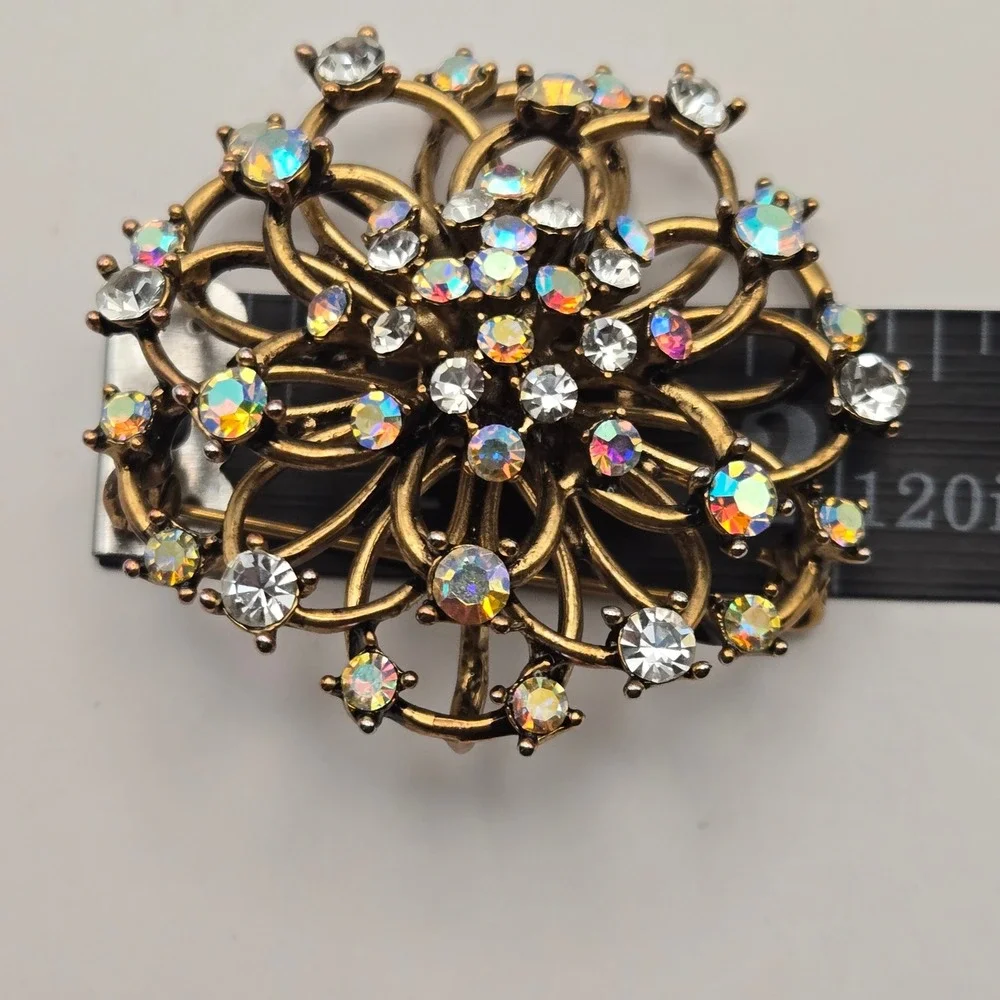 Vintage 60s Unbranded Brooch Gold Tone Aurora Borealis Rhinestone Floral Sunburs